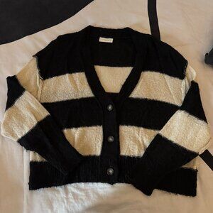 EUC By Together Signature Black & Cream Striped Button-Up Cropped Cardigan M/L